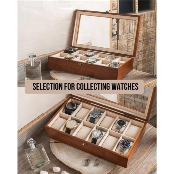 Watch Box Watch Case for Men Women with Large Glass Lid, Wooden Watch Display - Picture 3 of 6